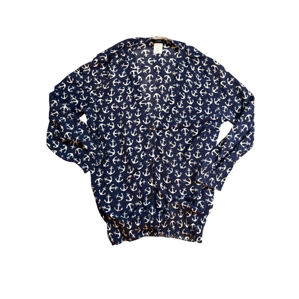 J Crew Navy‎ White Anchor Print Cardigan Sweater Women's Size S V Neck Button Up